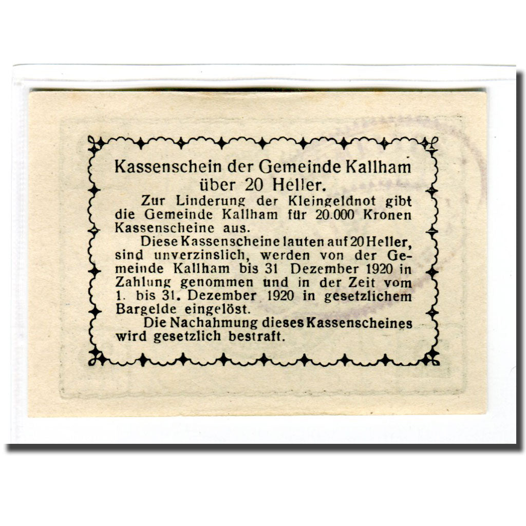 Billete, Austria, Kallham, 20 Heller, Texte 2, 1920, SC, Mehl:422a