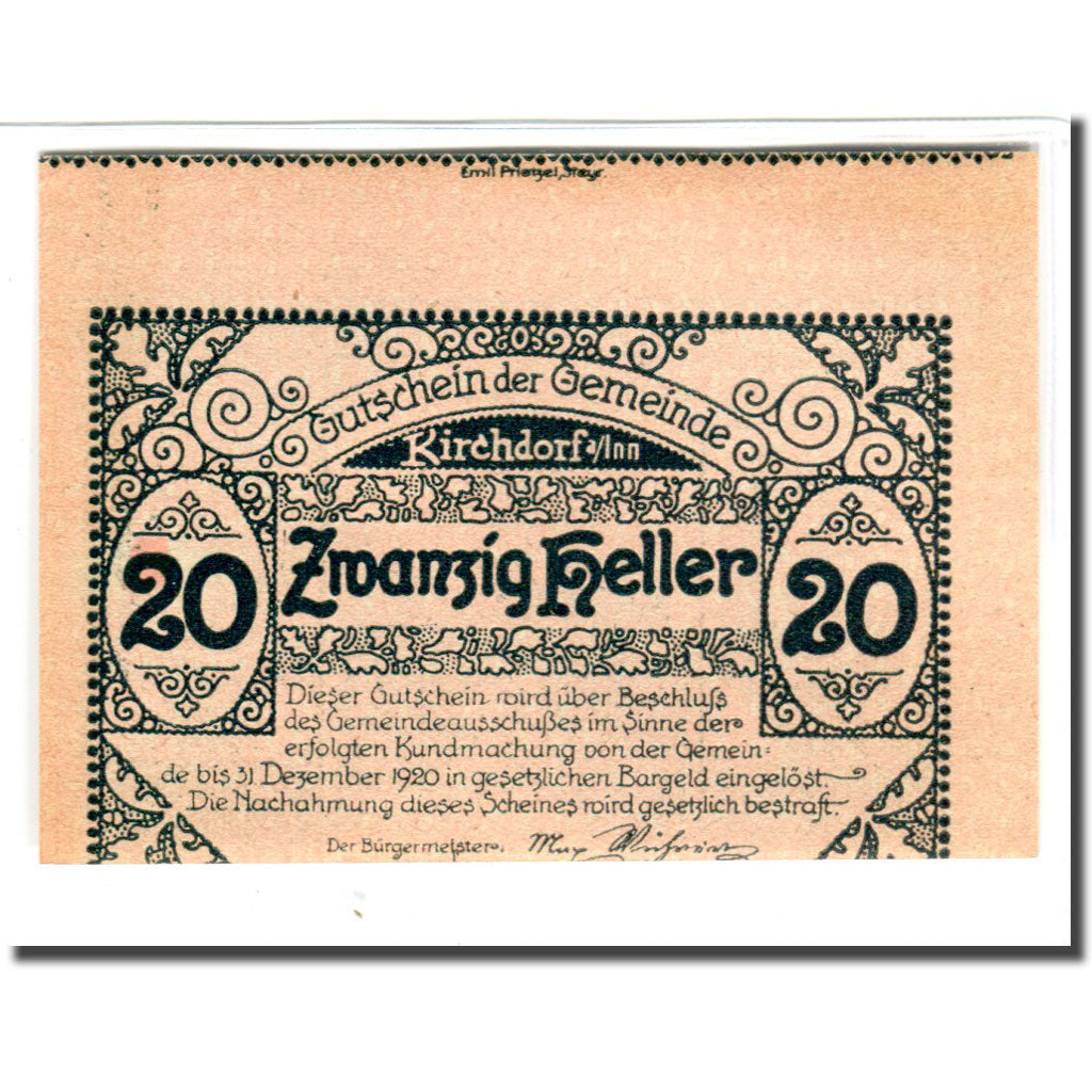 Billete, Austria, Kirchdorf am Inn O.Ö. Gemeinde, 20 Heller, Eglise 1, 1920