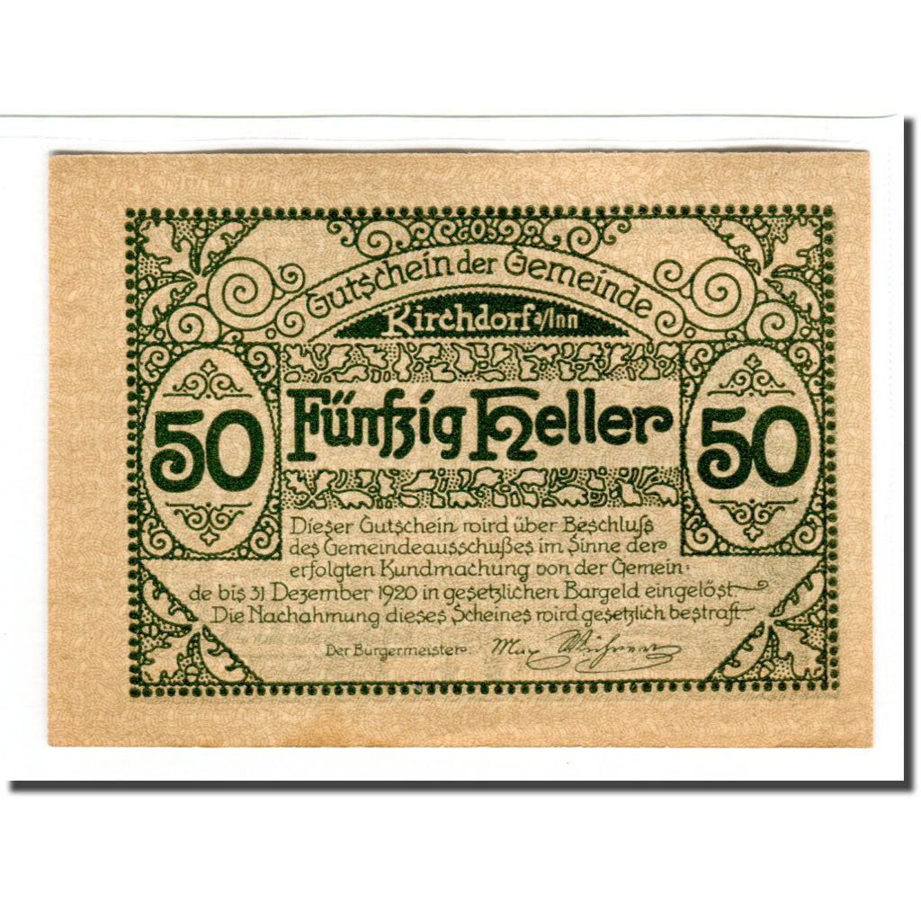 Billete, Austria, Kirchdorf am Inn O.Ö. Gemeinde, 50 Heller, eglise 2, 1920
