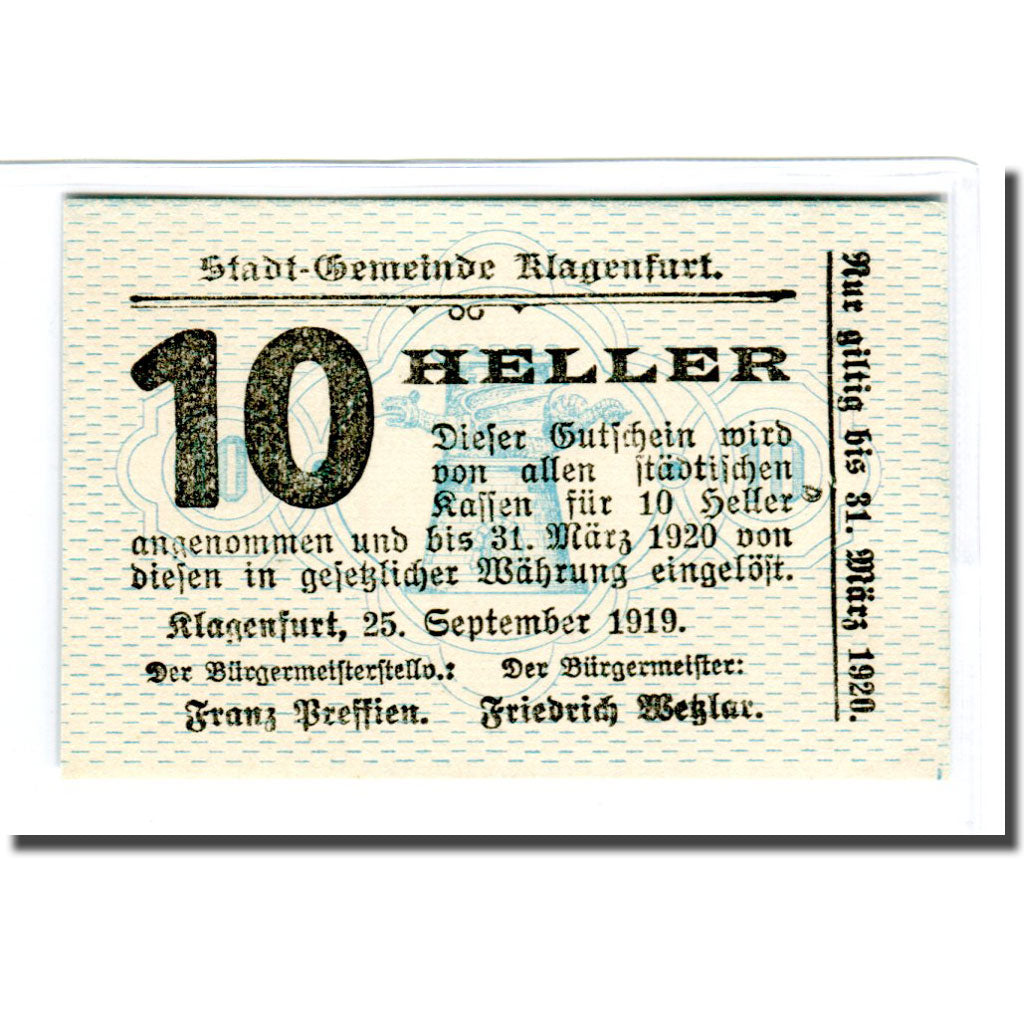 Banknote, Austria, Klagenfurt, 10 Heller, N.D, 1919, 1919-09-25, UNC(63)