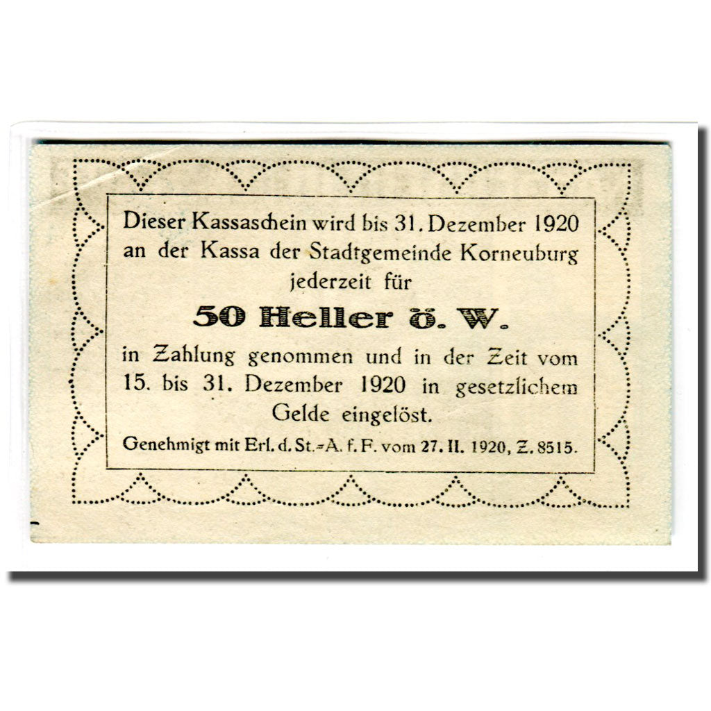 Banknote, Austria, Korneuburg, 50 Heller, Texte, 1920, UNC(63), Mehl:466b