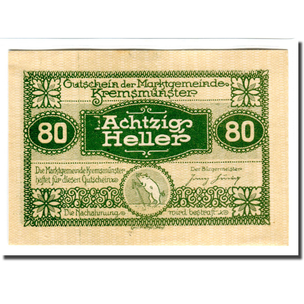 Banknote, Austria, Kremsmunster, 80 Heller, paysage, 1920, UNC(63), Mehl:476IIIc