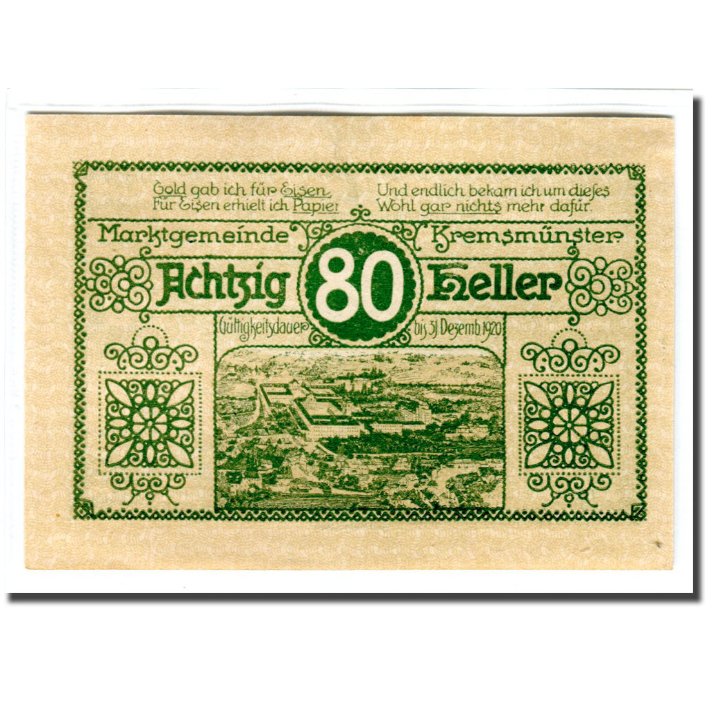 Banknote, Austria, Kremsmunster, 80 Heller, paysage, 1920, UNC(63), Mehl:476IIIc