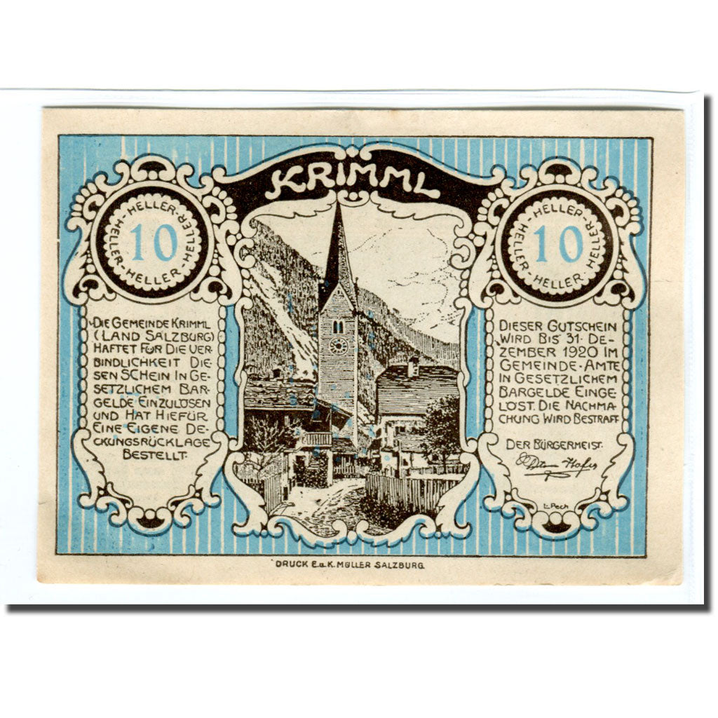 Geldschein, Österreich, Krimml Sbg. Gemeinde, 10 Heller, paysage, 1920, UNZ-