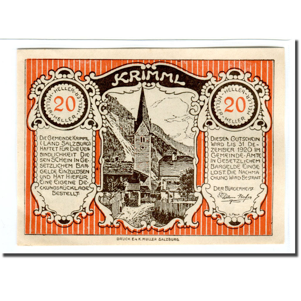 Nota, Áustria, Krimml Sbg. Gemeinde, 20 Heller, paysage 1, 1920, UNC(63)