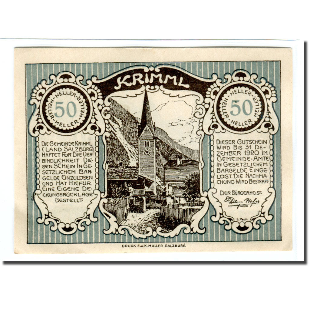 Banknote, Austria, Krimml Sbg. Gemeinde, 50 Heller, personnage, 1920, UNC(63)