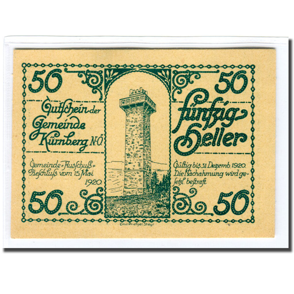 Banconote, Austria, Kürnberg N.Ö. Gemeinde, 50 Heller, tour, 1920, 1920-05-15