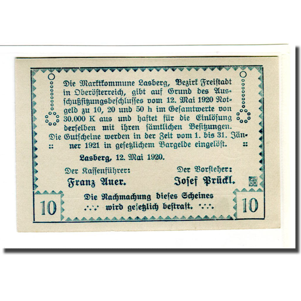Banconote, Austria, Lasberg, 10 Heller, paysage, 1920, 1920-05-12, SPL