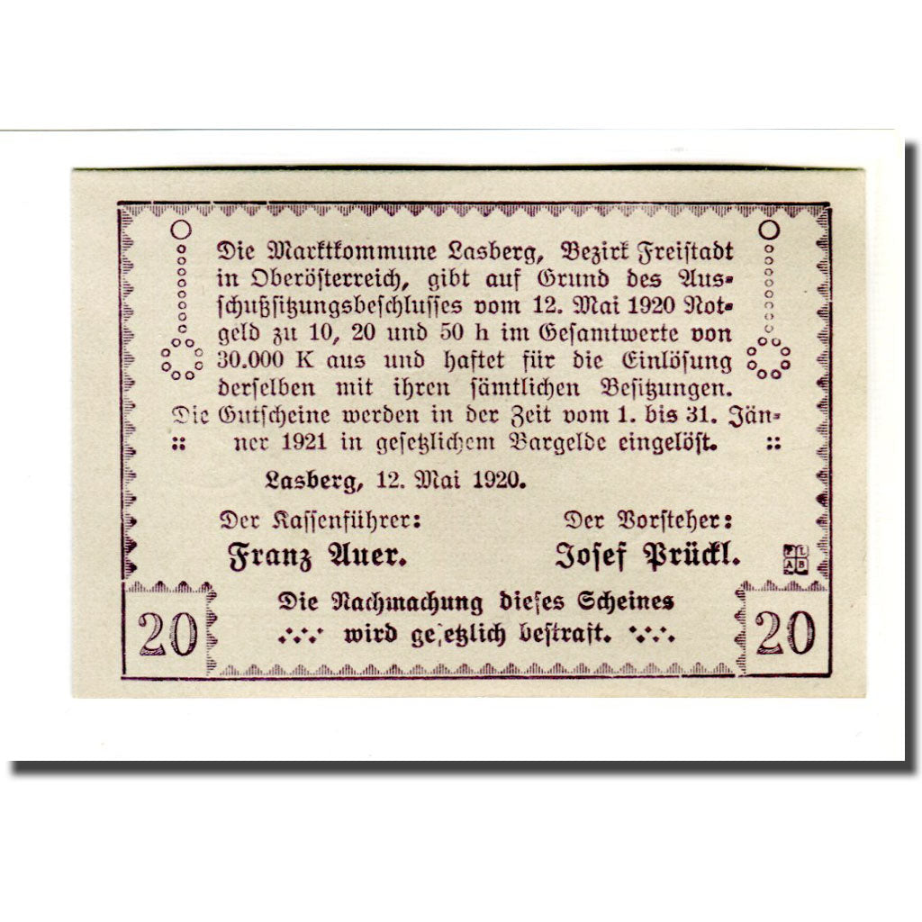 Banknote, Austria, Lasberg, 20 Heller, paysage 1, 1920, 1920-05-12, UNC(63)