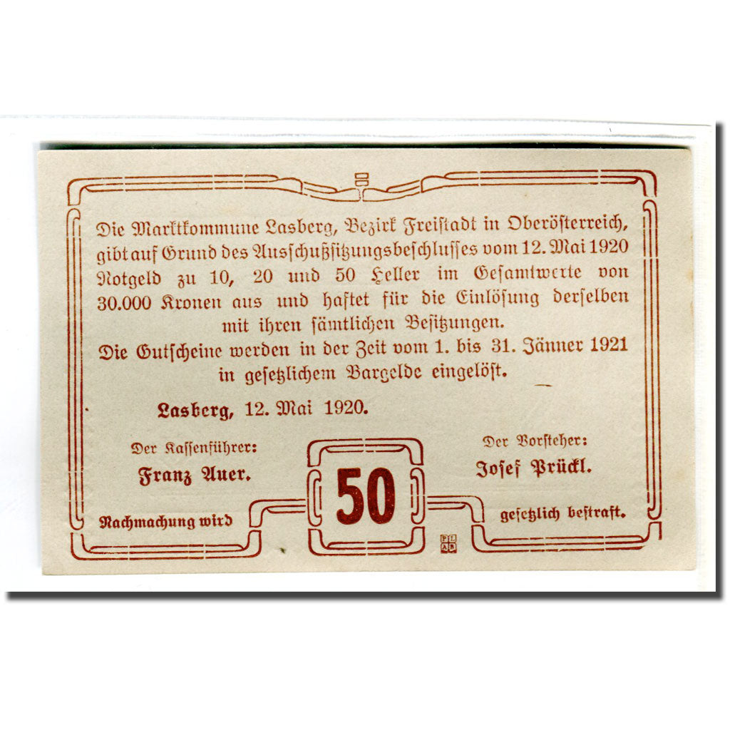 Billete, Austria, Lasberg, 50 Heller, paysage 2, 1920, 1920-05-12, SC, Mehl:505a