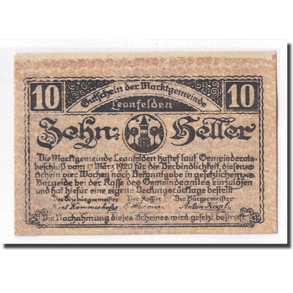 Banknot, Austria, Leonfelden O.Ö. Marktgemeinde, 10 Heller, paysage, 1920