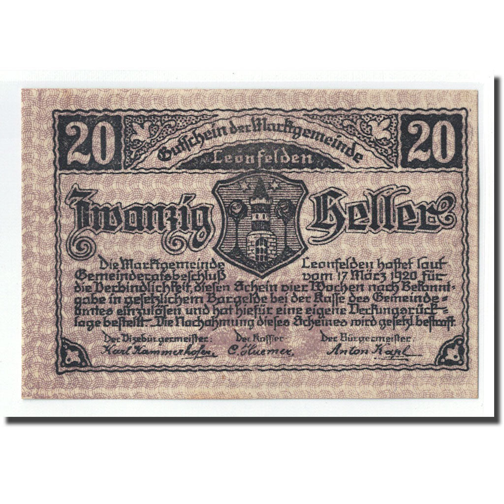 Banknote, Austria, Leonfelden O.Ö. Marktgemeinde, 20 Heller, paysage 1, 1920