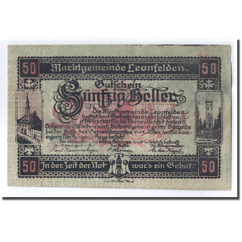 Banknote, Austria, Leonfelden O.Ö. Marktgemeinde, 50 Heller, paysage 2, 1920
