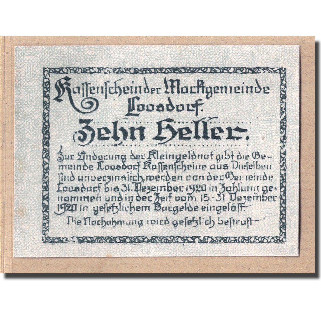 Banknote, Austria, Loosdorf, 10 Heller, Texte, 1920, 1920-04-08, UNC(63)