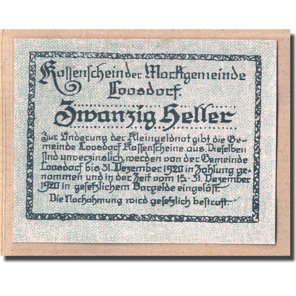 Banknote, Austria, Loosdorf, 20 Heller, texte 1, 1920, 1920-04-08, UNC(63)