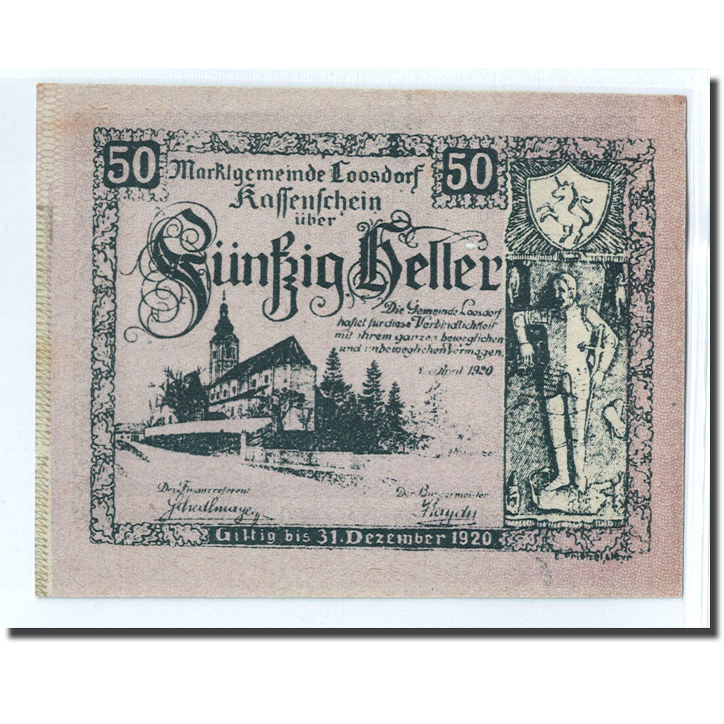 Banknote, Austria, Loosdorf, 50 Heller, Texte 2, 1920, 1920-04-08, UNC(63)