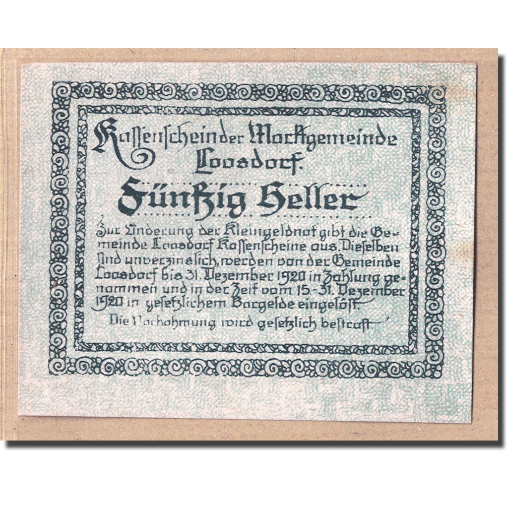 Banknote, Austria, Loosdorf, 50 Heller, Texte 2, 1920, 1920-04-08, UNC(63)