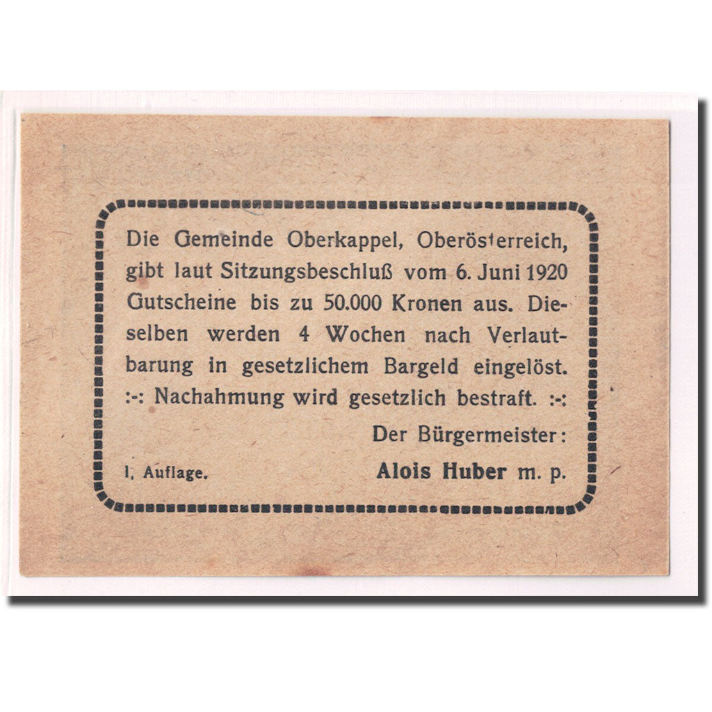 Banknote, Austria, Oberkappel O.Ö. Gemeinde, 50 Heller, Texte 2, 1920, UNC(63)