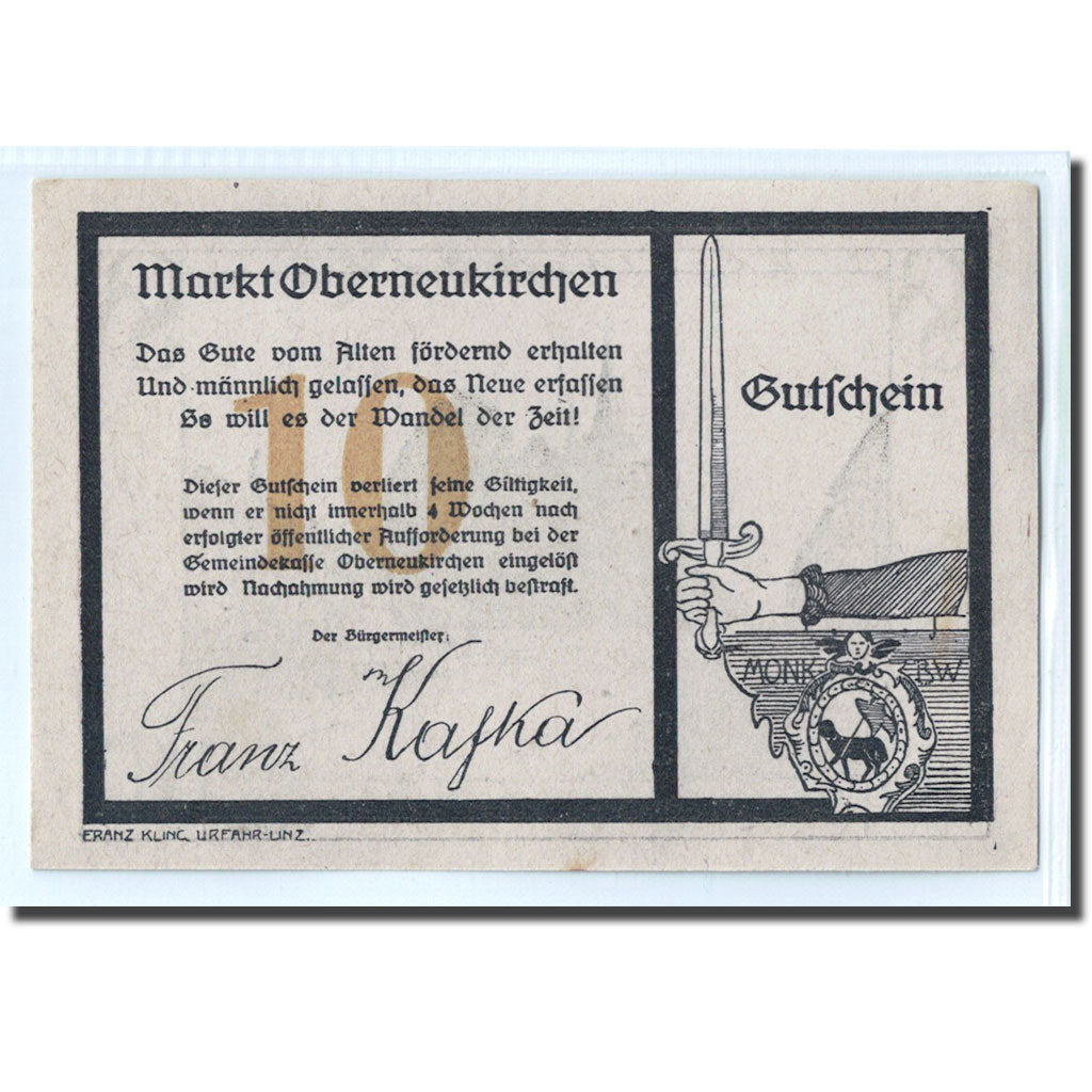 Banknote, Austria, Oberneukirchen O.Ö. Marktgemeinde, 10 Heller, Eglise