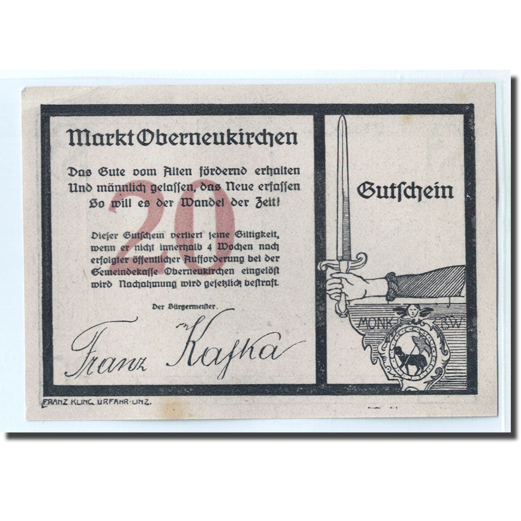 Banknote, Austria, Oberneukirchen O.Ö. Marktgemeinde, 20 Heller, place