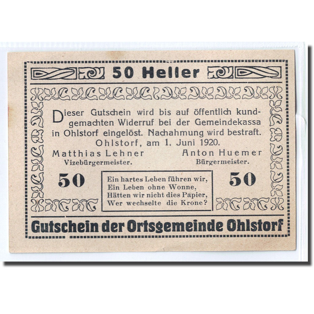 Banknote, Austria, Ohlstorf, 50 Heller, village, 1920, 1920-06-01, UNC(63)