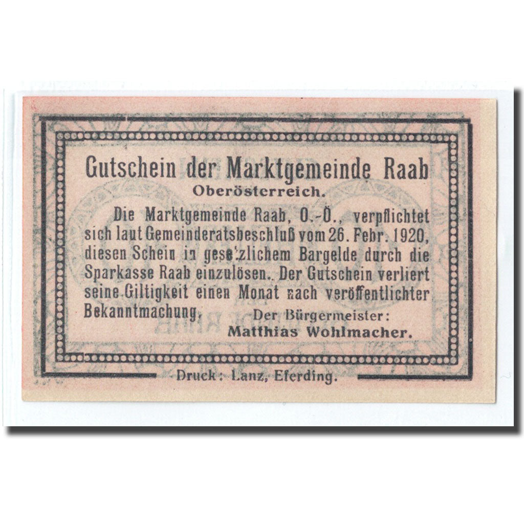 Banknote, Austria, Raab O.Ö. Marktgemeinde, 10 Heller, Texte, 1920, 1920-02-26