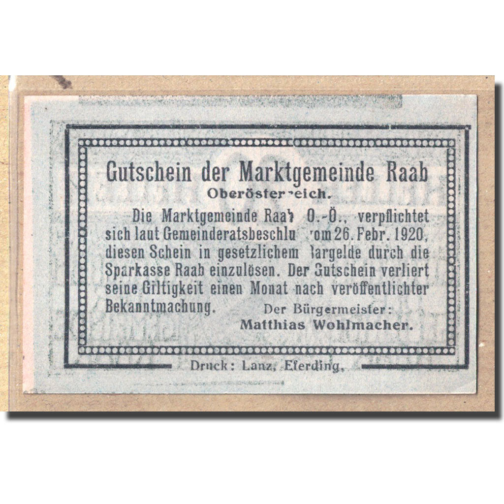 Banknote, Austria, Raab O.Ö. Marktgemeinde, 20 Heller, texte 1, 1920