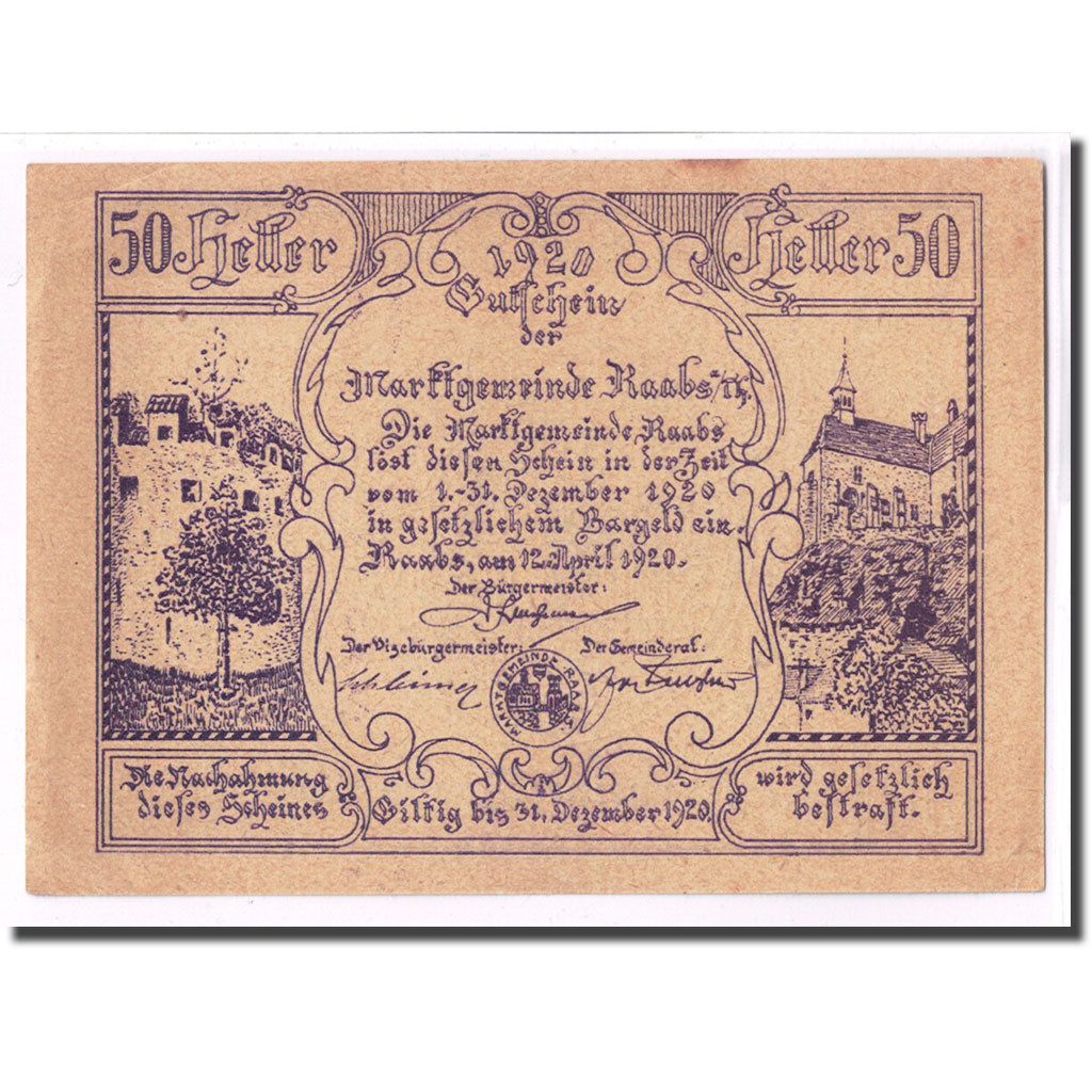 Banknote, Austria, Raabs N.Ö. Marktgemeinde, 50 Heller, château, 1920