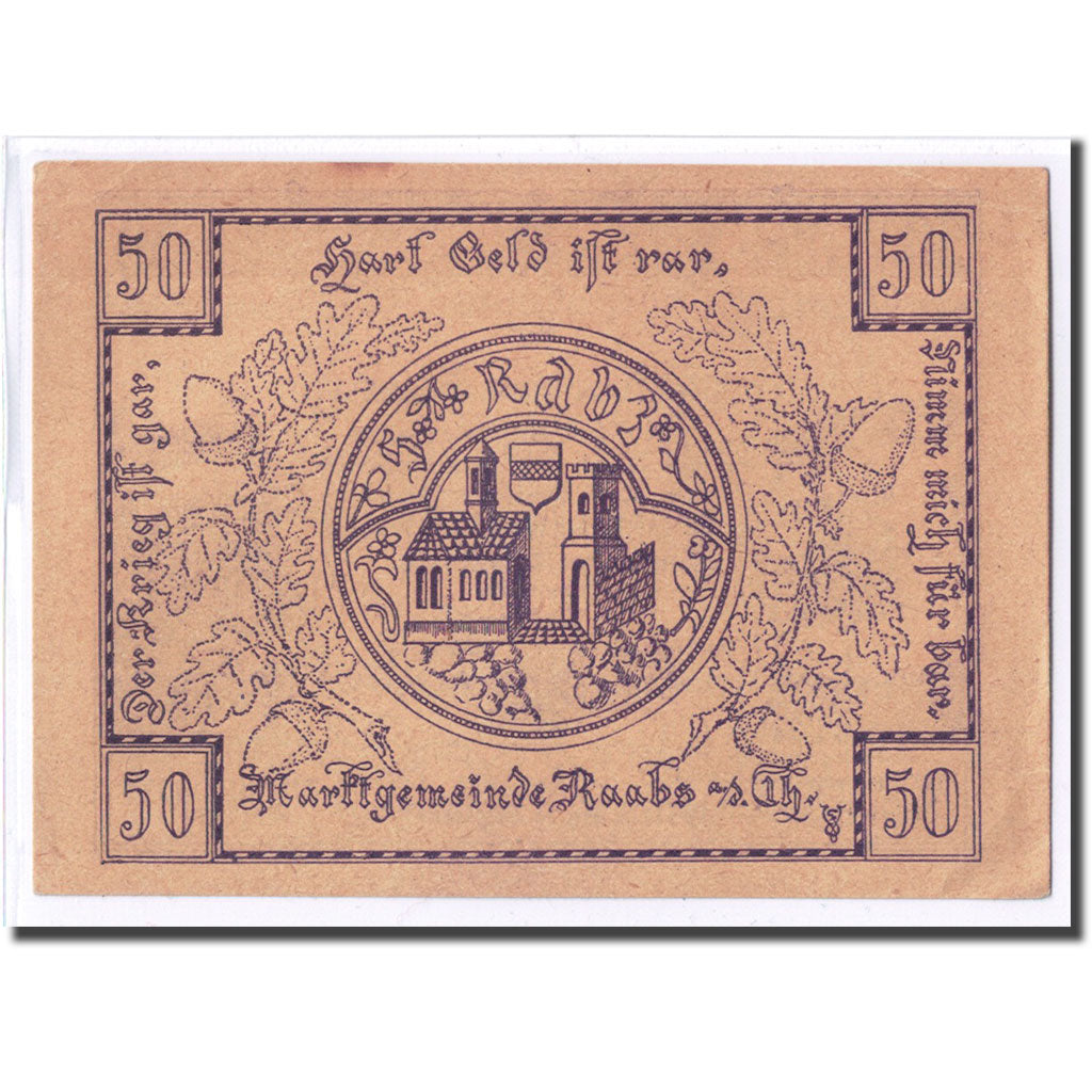 Banknote, Austria, Raabs N.Ö. Marktgemeinde, 50 Heller, château, 1920