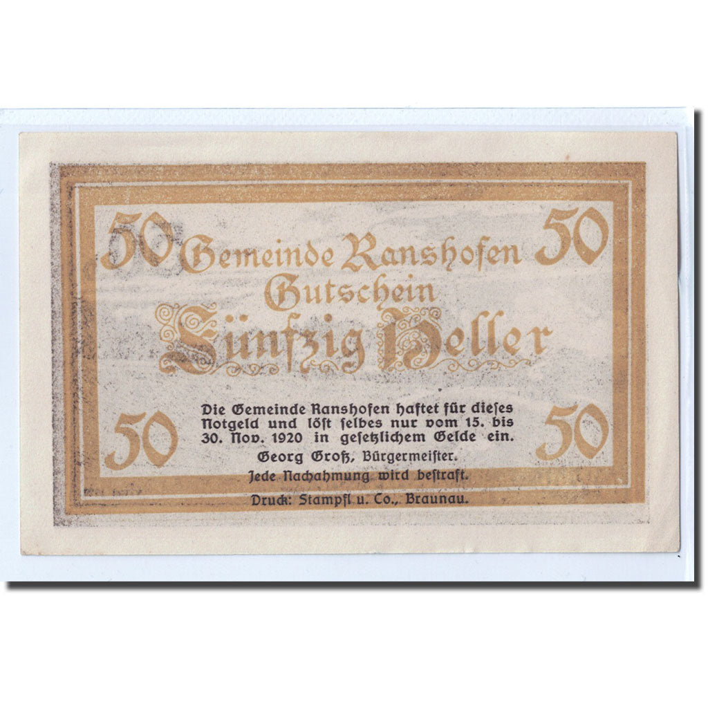 Nota, Áustria, Ranshofen, 50 Heller, paysage, 1920, UNC(63), Mehl:819Eb