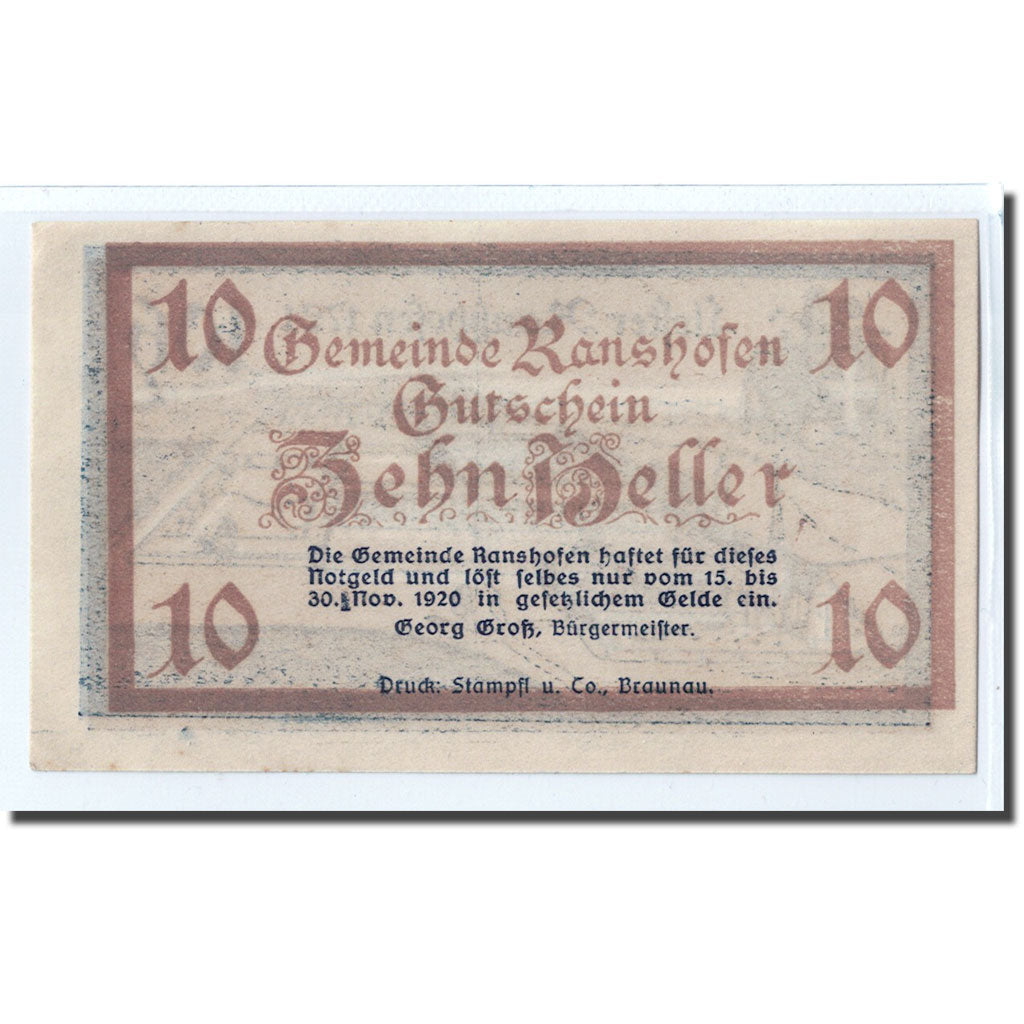 Banknote, Austria, Ranshofen, 10 Heller, paysage 1, 1920, UNC(63), Mehl:819Aa