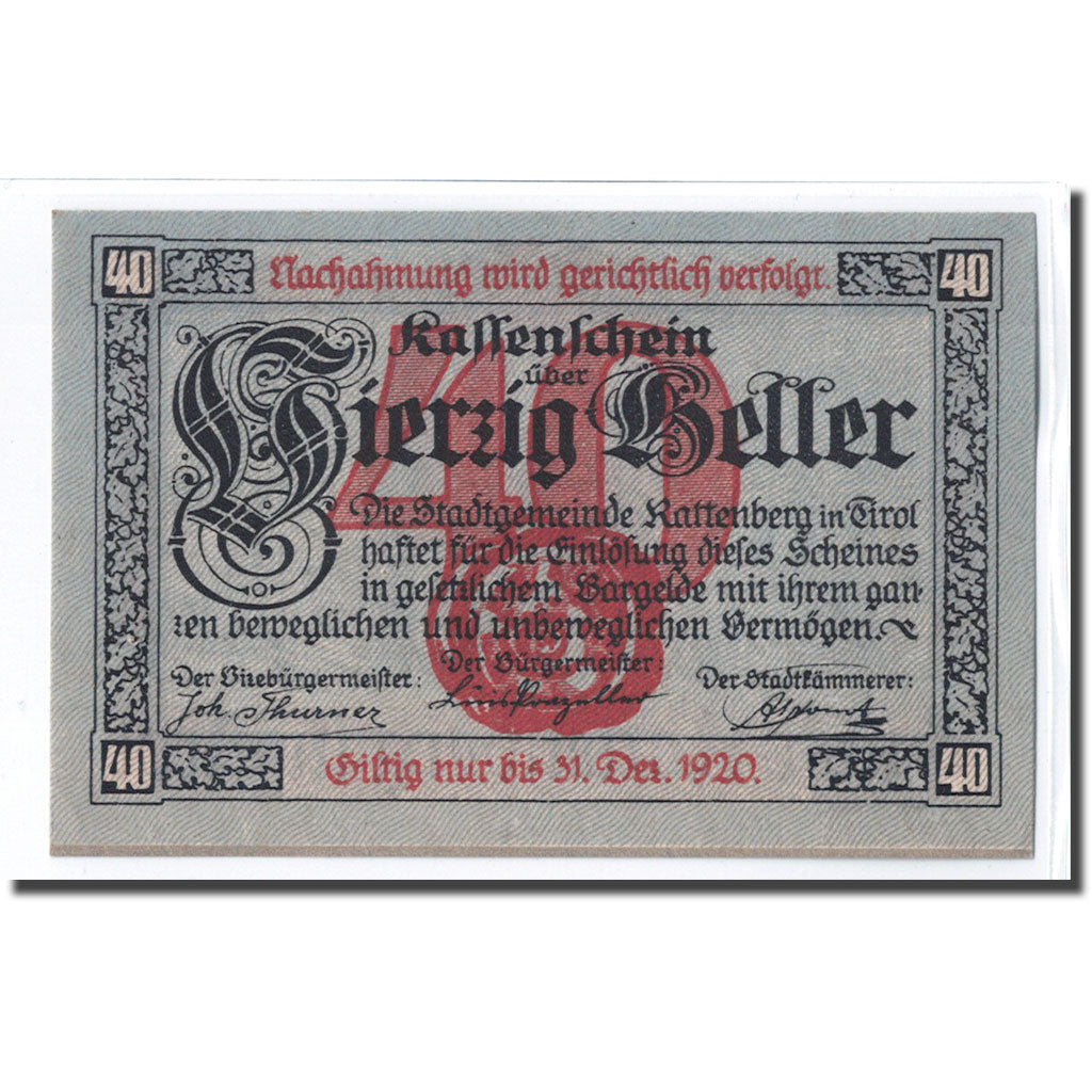 Banknote, Austria, Rattenberg Tirol Stadt, 40 Heller, valeur faciale, 1920