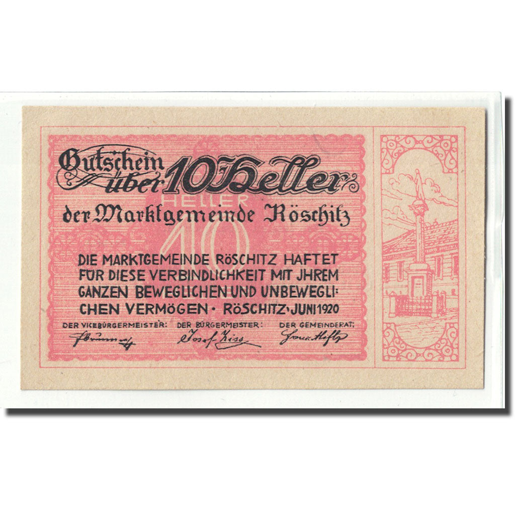 Banknote, Austria, Röschitz N.Ö. Marktgemeinde, 10 Heller, Texte, 1920