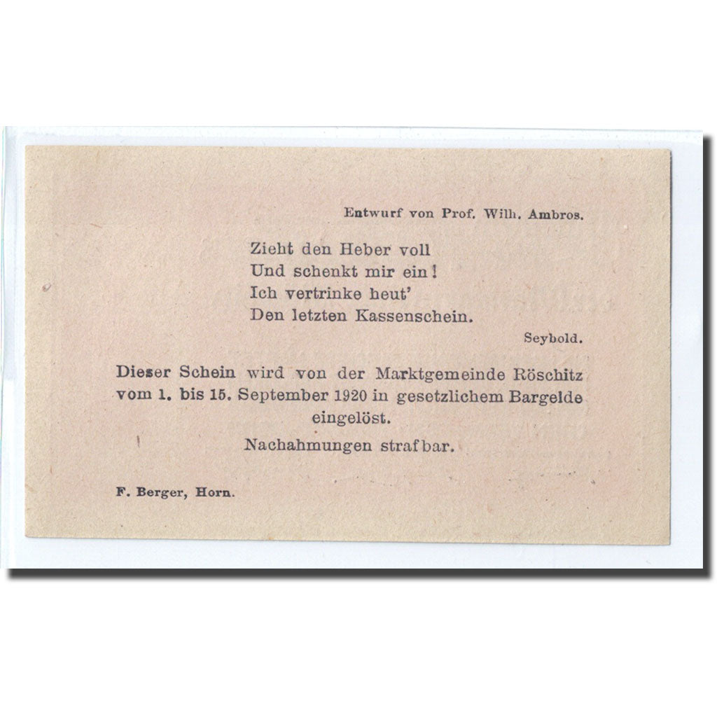 Banknote, Austria, Röschitz N.Ö. Marktgemeinde, 10 Heller, Texte, 1920