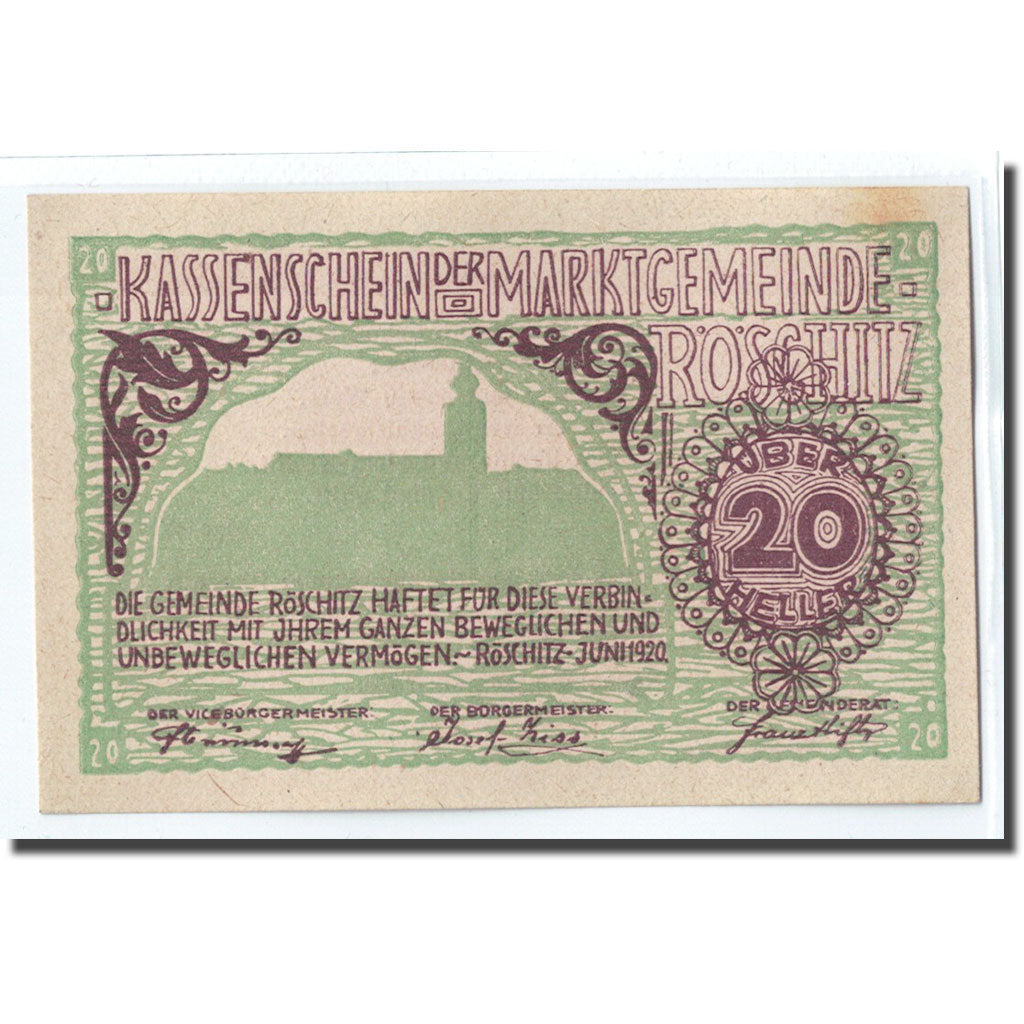 Banknote, Austria, Röschitz N.Ö. Marktgemeinde, 20 Heller, texte 1, 1920