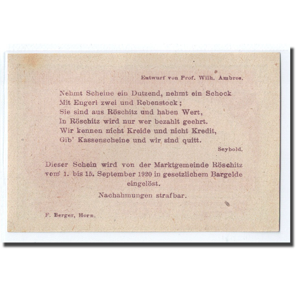 Banknote, Austria, Röschitz N.Ö. Marktgemeinde, 20 Heller, texte 1, 1920