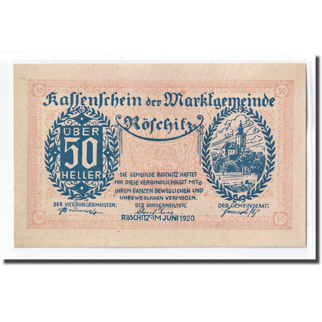 Banknote, Austria, Röschitz N.Ö. Marktgemeinde, 50 Heller, Texte 2, 1920