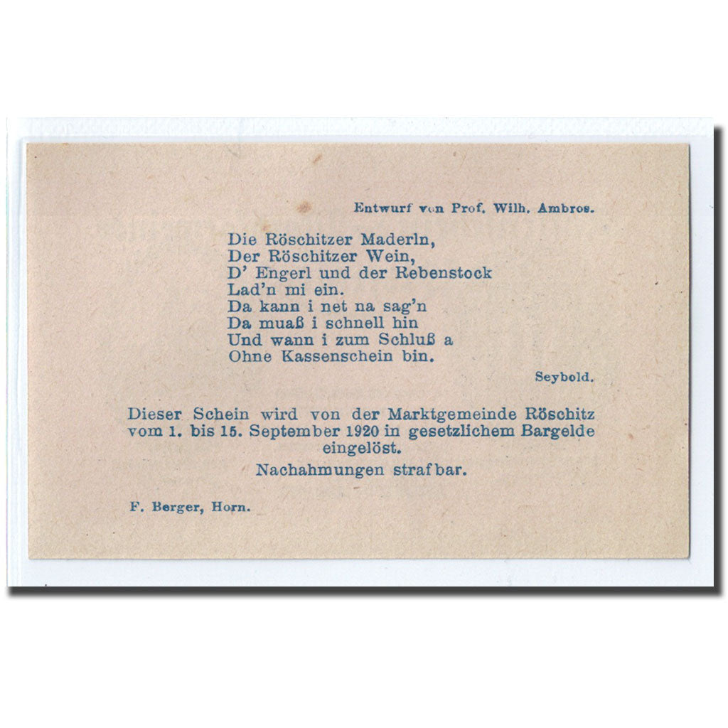 Banknote, Austria, Röschitz N.Ö. Marktgemeinde, 50 Heller, Texte 2, 1920
