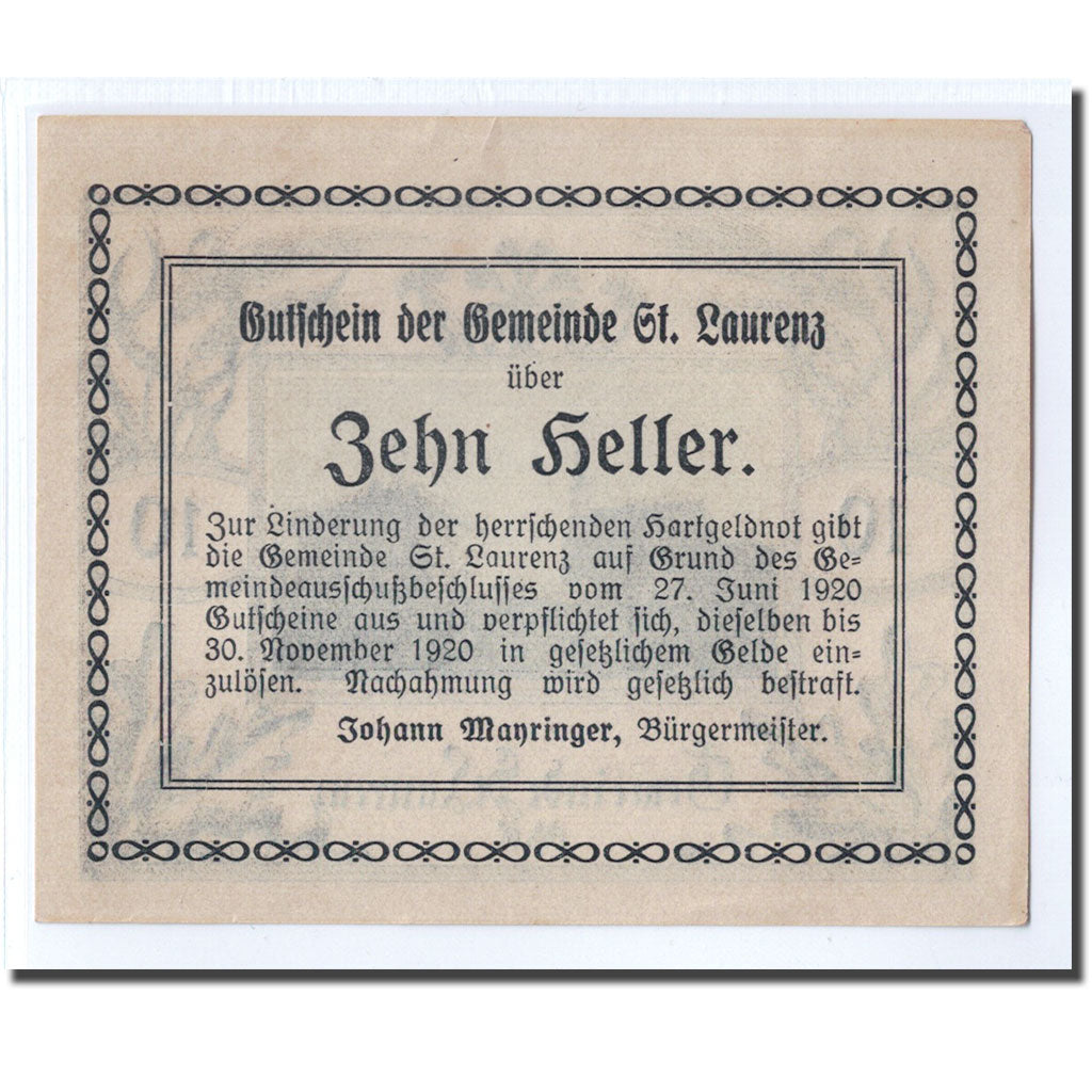 Biljet, Oostenrijk, St. Laurenz O.Ö. Gemeinde, 10 Heller, Texte, 1920