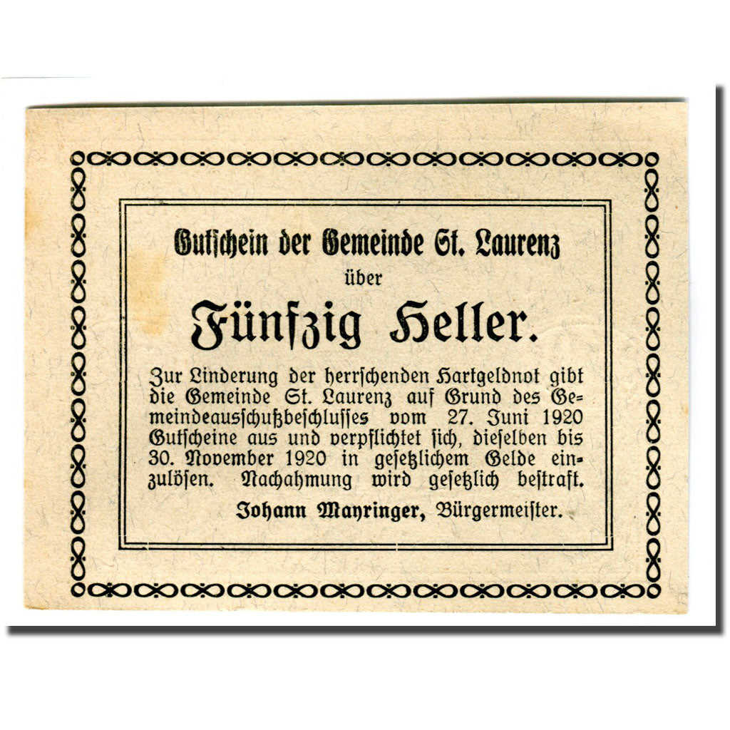 Nota, Áustria, St. Laurenz O.Ö. Gemeinde, 50 Heller, texte 1, 1920