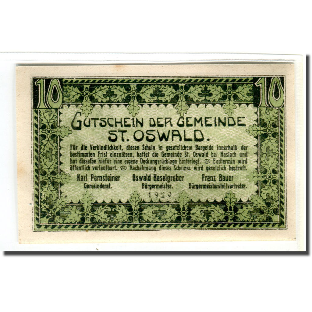 Banknote, Austria, St. Oswald N.Ö. Gemeinde, 10 Heller, paysage, 1920, UNC(63)
