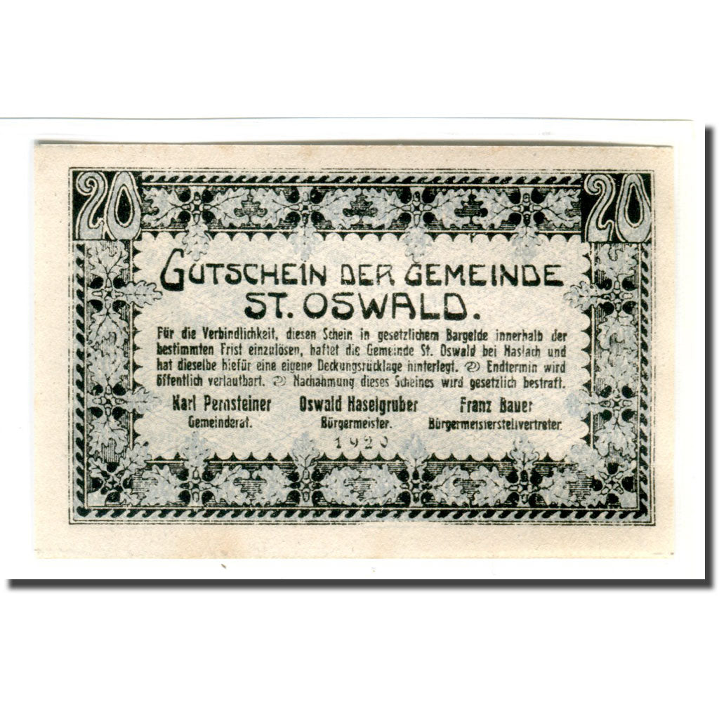 Banknote, Austria, St. Oswald N.Ö. Gemeinde, 20 Heller, paysage 1, 1920