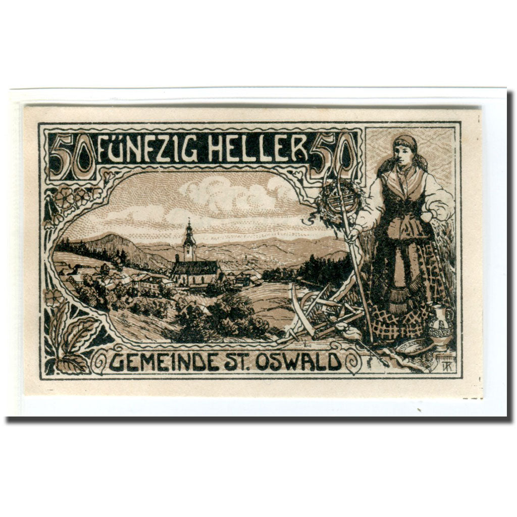 Nota, Áustria, St. Oswald N.Ö. Gemeinde, 50 Heller, paysage 2, 1920, UNC(63)