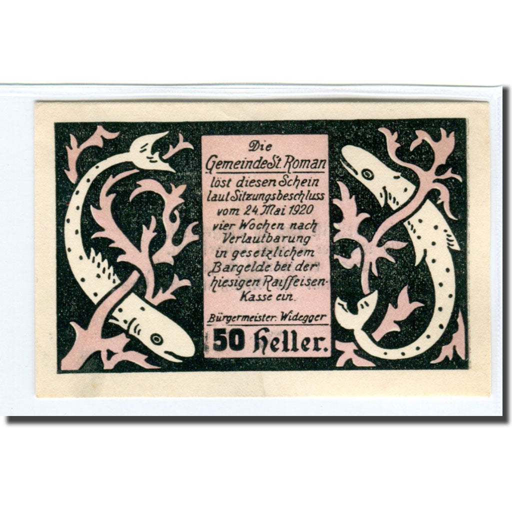 Nota, Áustria, St. Roman O.Ö. Gemeinde, 50 Heller, Texte 2, 1920, 1920-05-24