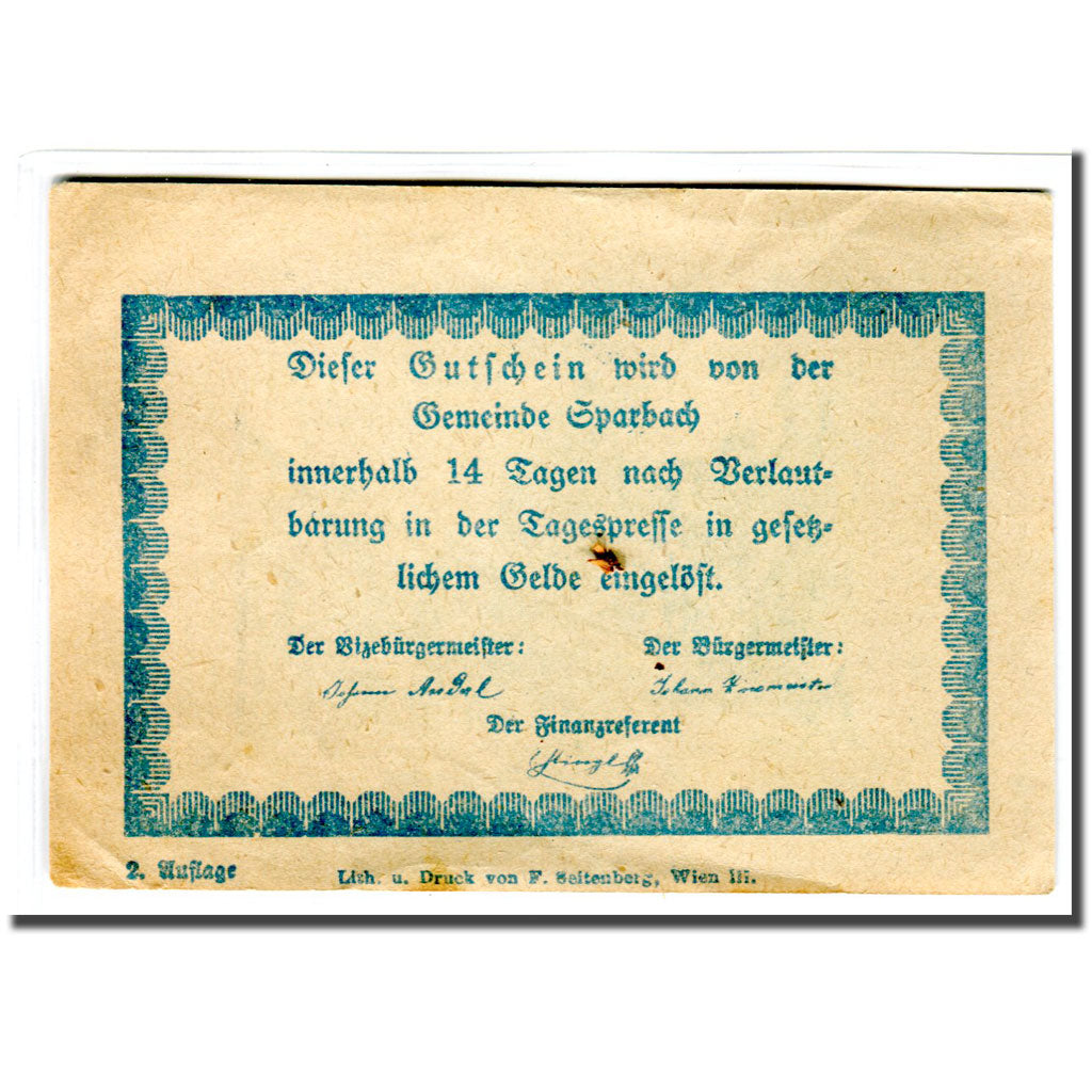 Billete, Austria, Sparbach N.Ö. Gemeinde, 80 Heller, Texte, SC, Mehl:1006e
