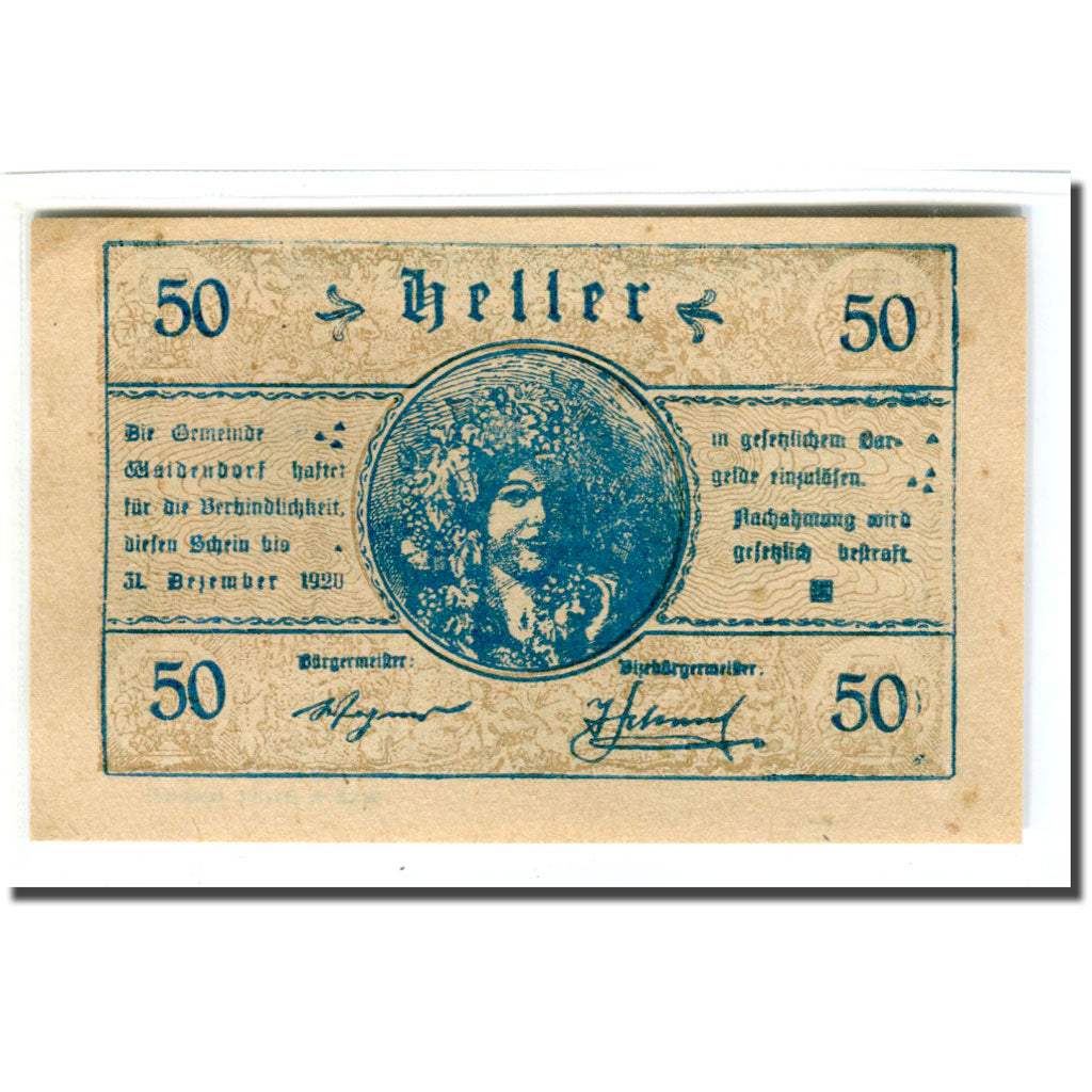 Banconote, Austria, Waidendorf N.Ö. Gemeinde, 50 Heller, personnage 2, 1920