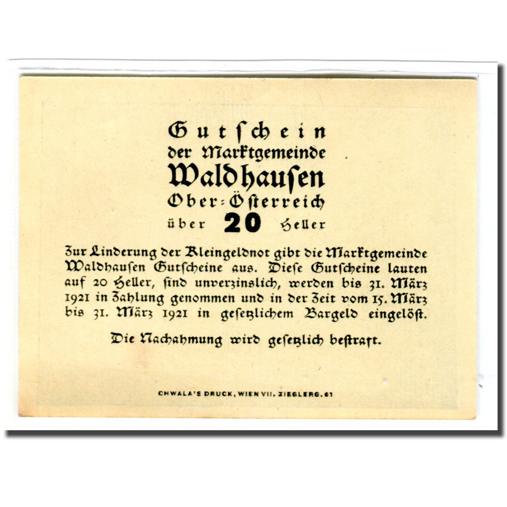 Banknote, Austria, Waldhausen, 20 Heller, Texte, 1921, UNC(63), Mehl:1131a1