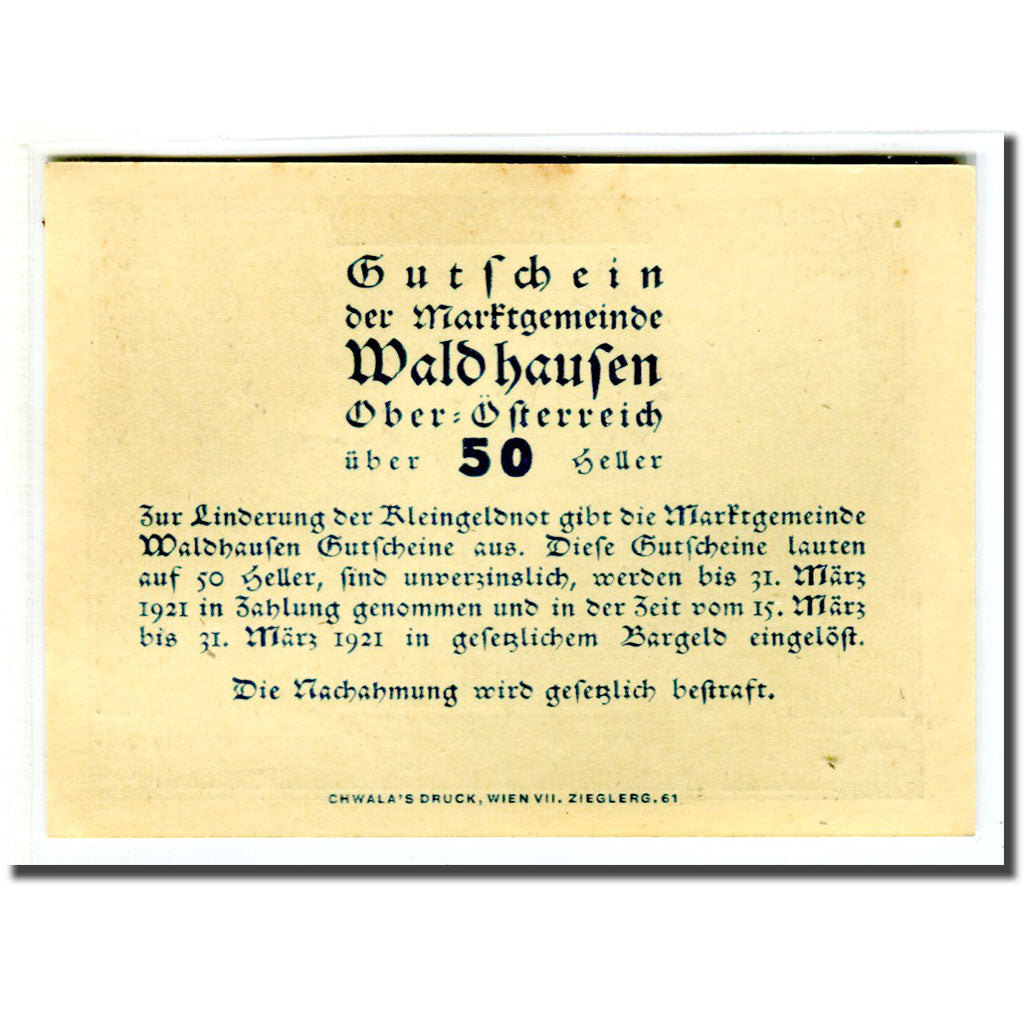 Billete, Austria, Waldhausen, 50 Heller, texte 1, 1921, SC, Mehl:1131a1