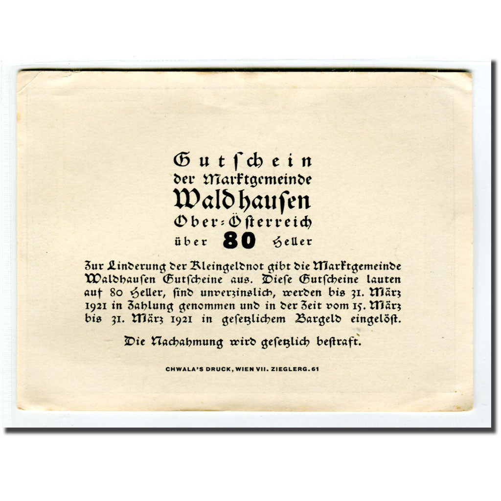 Banknote, Austria, Waldhausen, 80 Heller, Texte 2, 1921, UNC(63), Mehl:1131d1