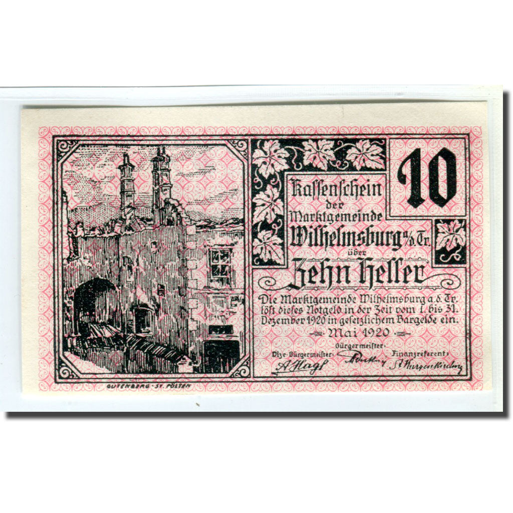 Geldschein, Österreich, Wilhelmsburg N.Ö. Marktgemeinde, 10 Heller, Blason